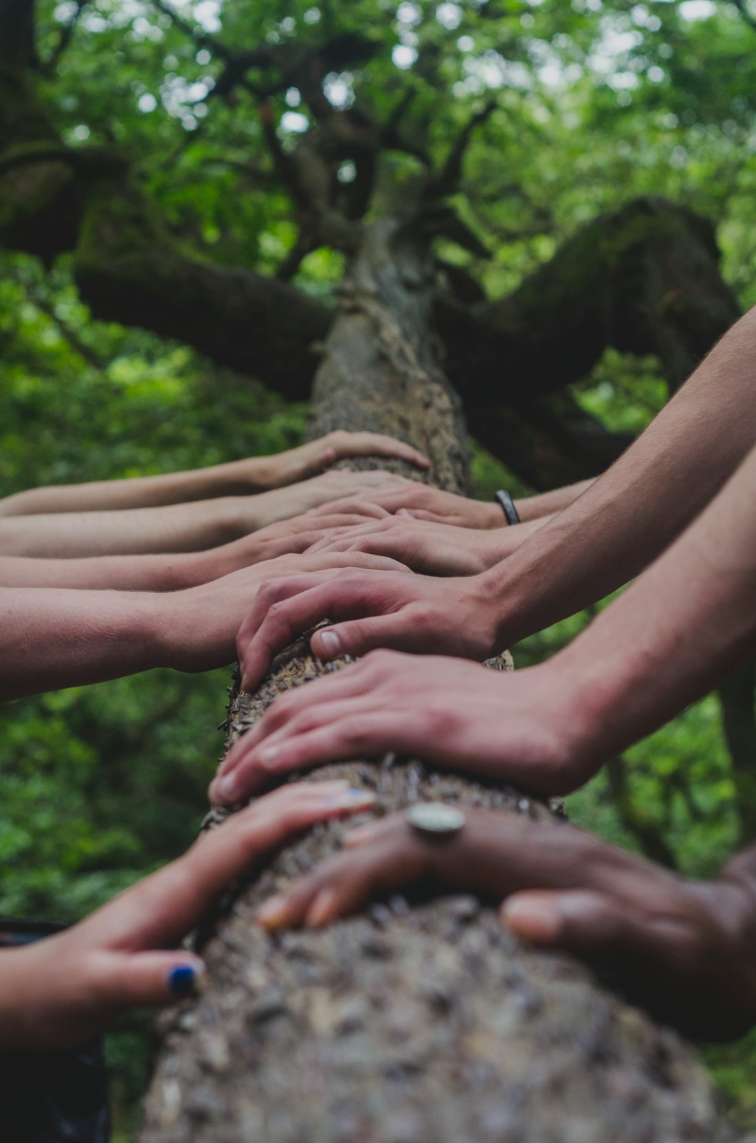 Volunteers placing their hands together in a circle to show unity and teamwork